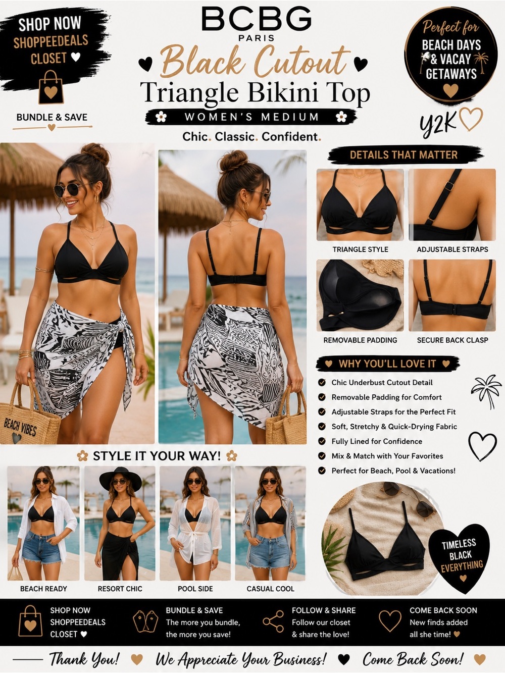 BCBG Paris Black Cutout Triangle Bikini Swim Top – Women’s Medium